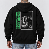 EXC RIP field hoodie model back, sleeves down to wrists