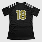 Gold Adidas football shirt detail back mockup: original artwork composited onto a realistic slim-fit jersey flatlay. Neutral light gray background.