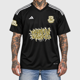 gold Adidas football jersey model front mockup, restrained ink color on neutral light gray.