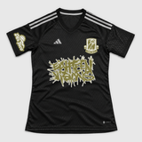 gold Adidas football jersey product front mockup, restrained ink color on neutral light gray.