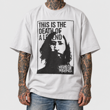 Lennon shirt front on AI-generated tattooed model, neutral light-gray background.