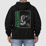 motionless hoodie model back: AI-generated studio mockup using original artwork on neutral light gray background.