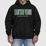 motionless hoodie model front: AI-generated studio mockup using original artwork on neutral light gray background.