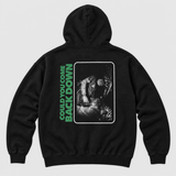motionless hoodie product back: AI-generated studio mockup using original artwork on neutral light gray background.