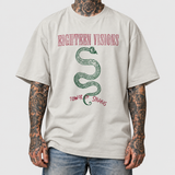 Tower of Snakes Nirvana shirt model front, AI-generated studio styling, neutral light-gray background.