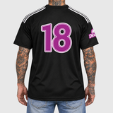 pink Adidas football jersey model back mockup, restrained ink color on neutral light gray.