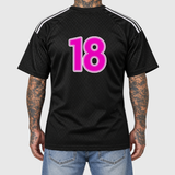 Pink Adidas football shirt model back mockup: original artwork composited onto an AI-generated tattooed model wearing blue jeans. Neutral light gray background.