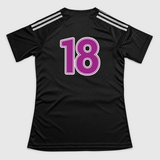 pink Adidas football jersey product back mockup, restrained ink color on neutral light gray.