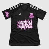 pink Adidas football jersey product front mockup, restrained ink color on neutral light gray.