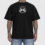 Pirate shirt model back, AI-generated studio styling, neutral light-gray background.