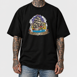 Pirate shirt model front, AI-generated studio styling, neutral light-gray background.