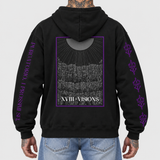 purgatorio hoodie model back: AI-generated studio mockup using original artwork on neutral light gray background.