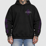 Purgatorio hoodie model front: AI-generated studio mockup using original artwork, sleeves fully down, neutral light gray background.