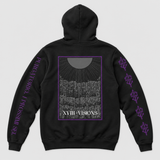 purgatorio hoodie product back: AI-generated studio mockup using original artwork on neutral light gray background.