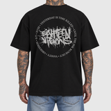 Album Titles Pocket Splatter shirt back, original artwork composited onto an AI-generated model wearing blue jeans. Neutral light gray background.