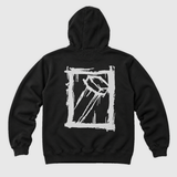 Splatter and Nail hoodie product back mockup: original artwork composited onto a realistic black hoodie flatlay. Neutral light gray background.