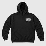 Splatter and Nail hoodie product front mockup: original artwork composited onto a realistic black hoodie flatlay. Neutral light gray background.