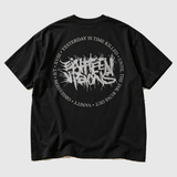 Album Titles Pocket Splatter back product mockup: original artwork composited onto a realistic black shirt flatlay. Neutral light gray background.