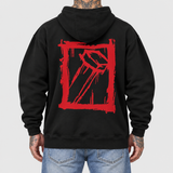 splatter-red hoodie model back: AI-generated studio mockup using original artwork on neutral light gray background.
