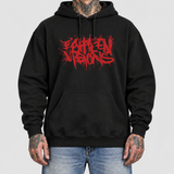 splatter-red hoodie model front: AI-generated studio mockup using original artwork on neutral light gray background.