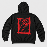 splatter-red hoodie product back: AI-generated studio mockup using original artwork on neutral light gray background.