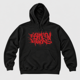 splatter-red hoodie product front: AI-generated studio mockup using original artwork on neutral light gray background.