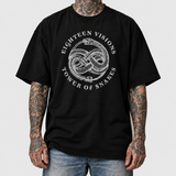 Black Tower of Snakes shirt model front, AI-generated studio styling, neutral light-gray background.