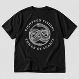 Black Tower of Snakes shirt product front, AI-generated studio styling, neutral light-gray background.