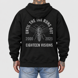 utiro hoodie model back: AI-generated studio mockup using original artwork on neutral light gray background.