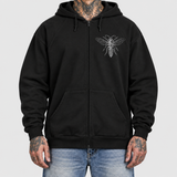 utiro hoodie model front: AI-generated studio mockup using original artwork on neutral light gray background.
